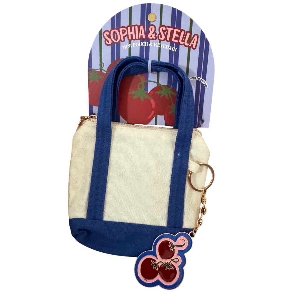 Sophia & Stella Key Chain Charm Mini Canvas Tote Blue Handles Tomatoes Charm Bag